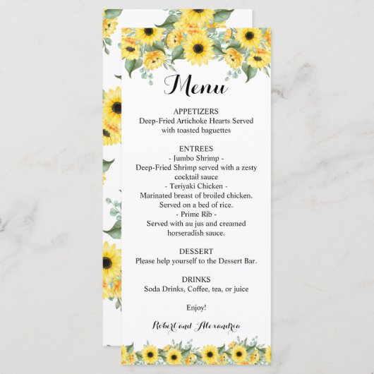 Hochzeitsmenü Sonnenblumen Grün Menükarte (Vorne/Hinten)