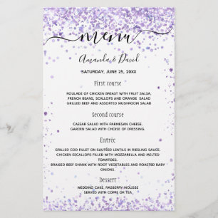 Hochzeitsmenü violett weiß Glitter Schrift