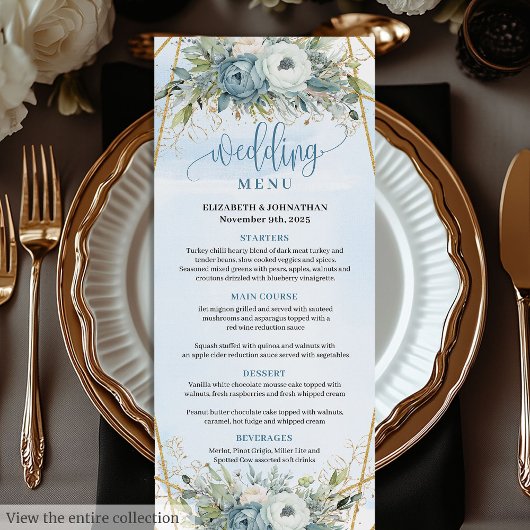 Hochzeitsmenü von Dusty Blue Eucalyptus Wedding Menükarte