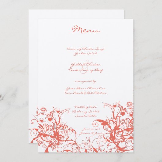 Hochzeitsmenü von Korallenvögeln und Wirbel Menükarte