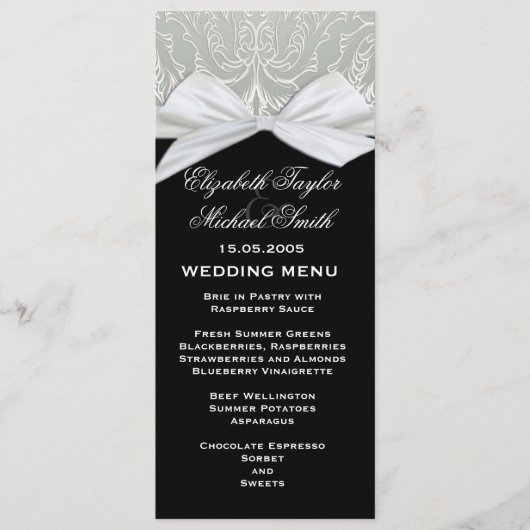 Hochzeitsmenü von Luxury Ribbon Silver/Black Damas Menükarte (Vorderseite)