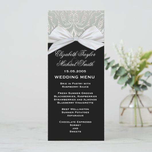Hochzeitsmenü von Luxury Ribbon Silver/Black Damas Menükarte (Stehend Vorderseite)