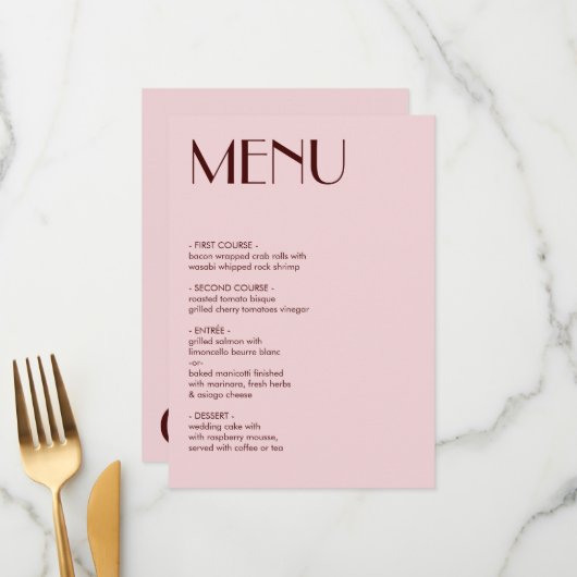 Hochzeitsmenü von Maroon und Blassrosa Menükarte (Vorderseite/Rückseite Beispiel)