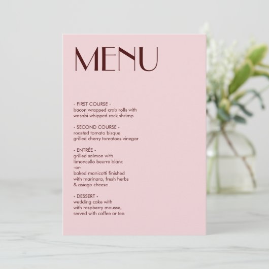 Hochzeitsmenü von Maroon und Blassrosa Menükarte (Stehend Vorderseite)