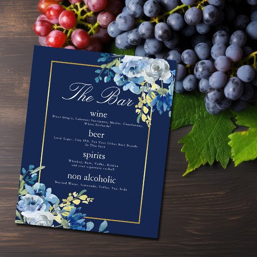 Hochzeitsmenü von Navy Blue Gold Floral