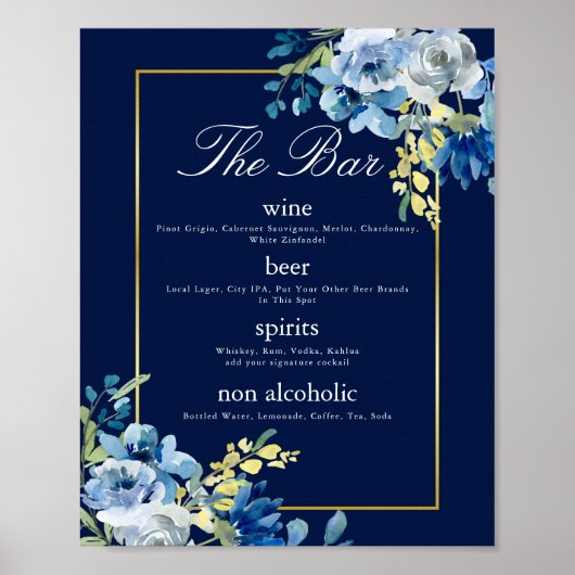 Hochzeitsmenü von Navy Blue Gold Floral Poster (Vorne)