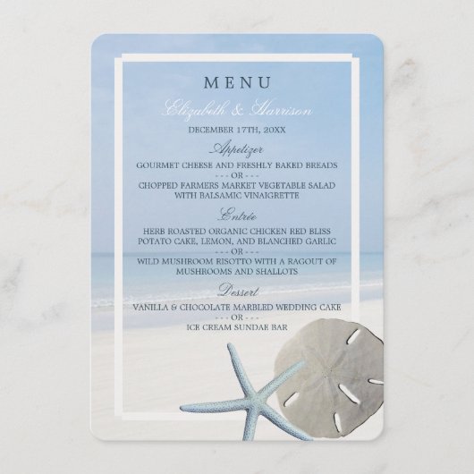 Hochzeitsmenü von Sand Dollar und Starfish Beach Menükarte (Vorderseite)