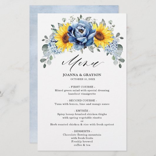 Hochzeitsmenü von Sonnenblumen Dusty Blue Slate Pe (Vorne/Hinten)