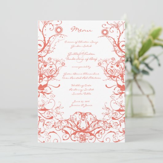 Hochzeitsmenü von Vögeln und Wirbel Menükarte (Stehend Vorderseite)