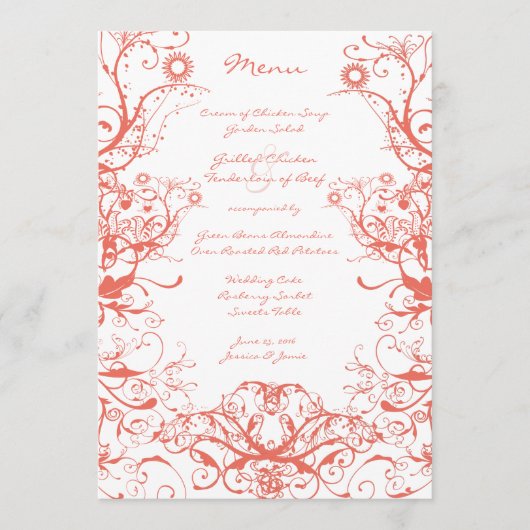 Hochzeitsmenü von Vögeln und Wirbel Menükarte (Vorderseite)