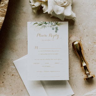 Hochzeitsmenü Wahl RSVP mit Eukalyptus und Gold Karte