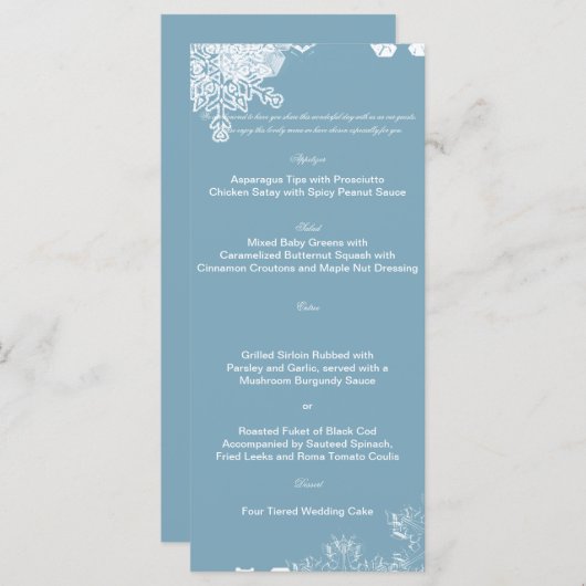 Hochzeitsmenü Winter Blue und White Snowflake Menükarte (Vorne/Hinten)