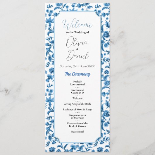 Hochzeitsmenü-Zeremonie Chintz Blue & White Floral Programm (Vorderseite)