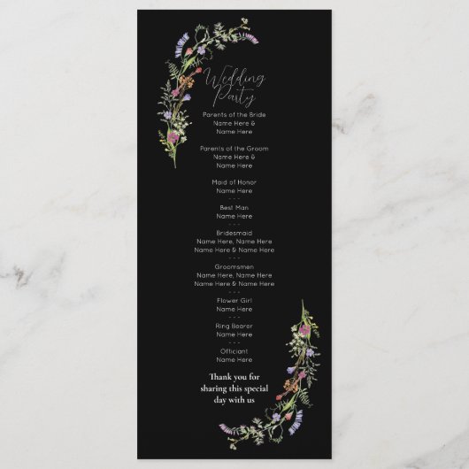 Hochzeitsmenü-Zeremonie Wildblumen Blumendark Programm (Rückseite)