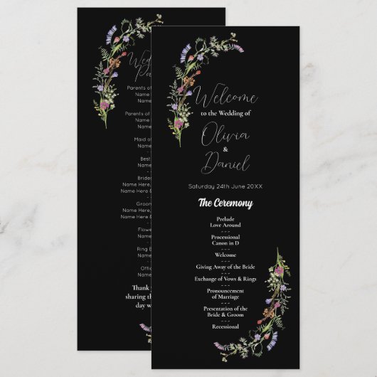 Hochzeitsmenü-Zeremonie Wildblumen Blumendark Programm (Vorne/Hinten)