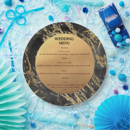 Hochzeitsmenü zum Thema Gold und schwarzer Marmor Pappteller (Party)