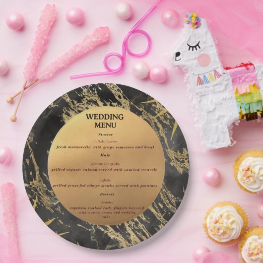 Hochzeitsmenü zum Thema Gold und schwarzer Marmor Pappteller (Party)