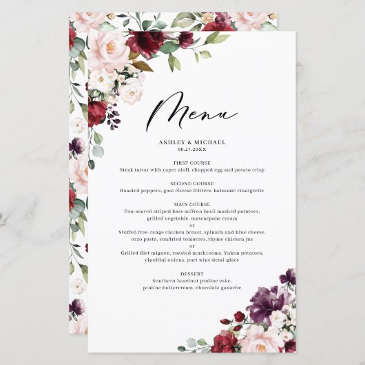 Hochzeitsmenükarte für Lila und rote Herbstkarten (Vorne/Hinten)
