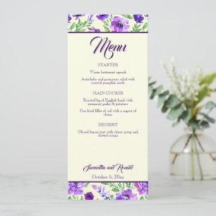 Hochzeitsmenükarte mit lila und grünen Blumen Einladung