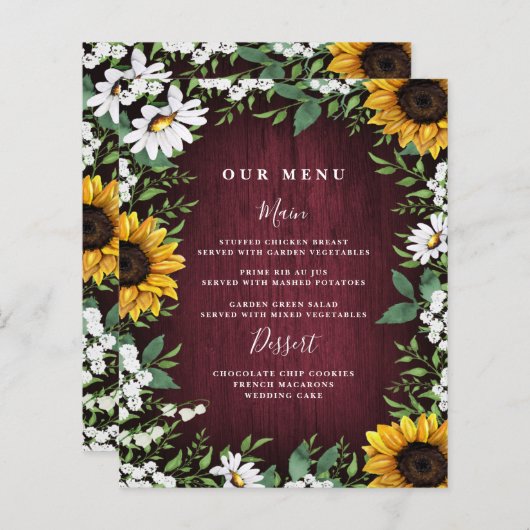 Hochzeitsmenükarten der Burgunder Red Sunflower Gr (Vorne/Hinten)