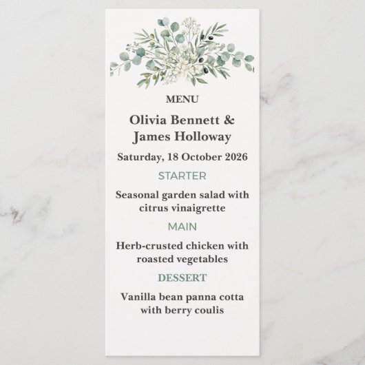 Hochzeitsmenükarten für botanische Gärten Menükarte (Vorderseite)