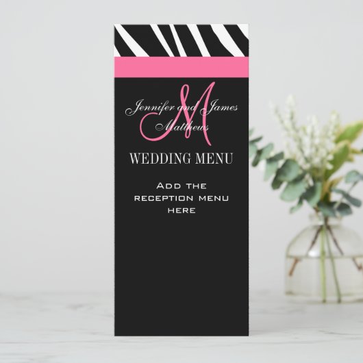 Hochzeitsmenükarten Zebra Monogram Pink Menükarte (Stehend Vorderseite)