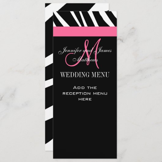 Hochzeitsmenükarten Zebra Monogram Pink Menükarte (Vorne/Hinten)