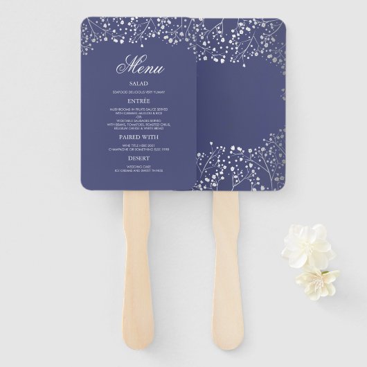 Hochzeitsmenüs für Silber und Navy Fächer (Vorne und Hinten)