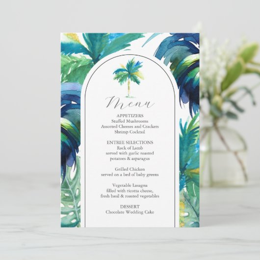 Hochzeitsmenüs mit tropischen Roosterhochzeiten Menükarte (Stehend Vorderseite)