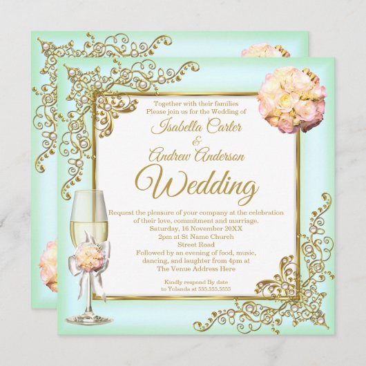 Hochzeitsminze Coral Champagne Gold Pearl Foto Einladung (Vorne/Hinten)