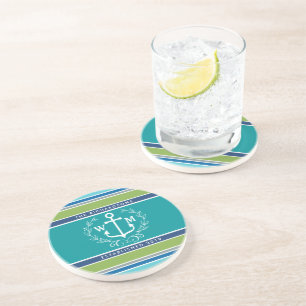 Hochzeitsmonogramm Anker Lorbeerkranz Aqua-Streife Sandstein Untersetzer