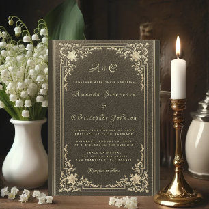 Hochzeitsmonogramm Elegant Vintage Gold auf Schwar Einladung