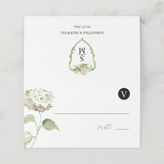 Hochzeitsmonogramm Hydrangea Begleitkarten Platzkarte (Außenseite Aufgefaltet)