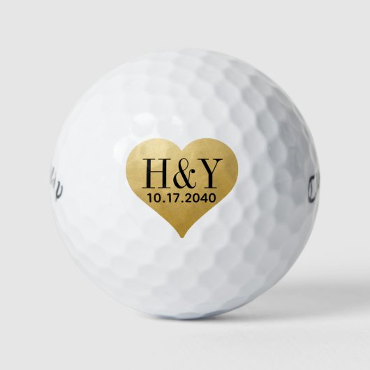 Hochzeitsmonogramm Initialen Datum Gold Herz  Golfball (Vorderseite)