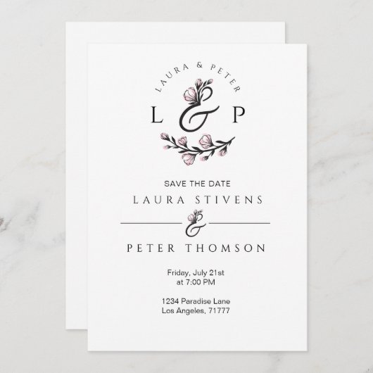 Hochzeitsmonogramm mit Blumenampersand Einladung (Vorne/Hinten)