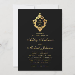 Hochzeitsmonogramm Schwarz Faux-Gold Vintage-Wappe Einladung