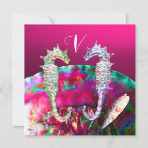 Hochzeitsmonogramm SEAHORSES BEACH, Rosa Schwarz Einladung