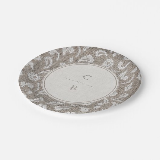 Hochzeitsmonographie und rustikales Hochzeitsprogr Pappteller (Schrägansicht)