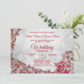 Hochzeitsmuster Rotes Blumenmuster Silber Sparkle Einladung (Stehend Vorderseite)