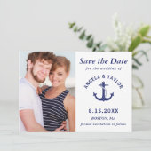 Hochzeitsnacht Foto Navy Blau Streifen Save The Date (Stehend Vorderseite)