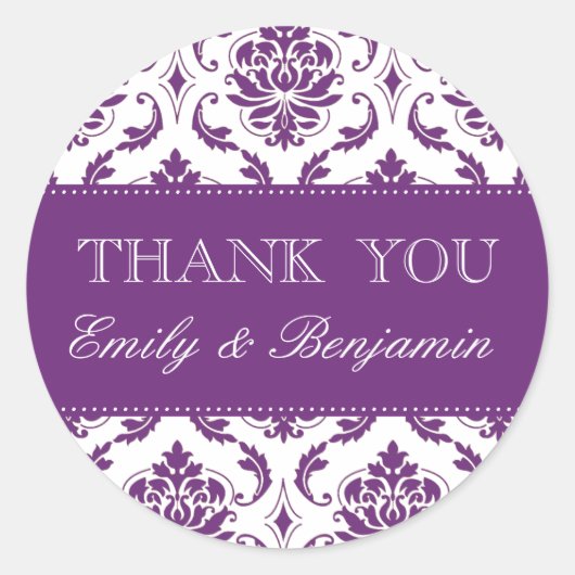 Hochzeitsnamen Lila Damaskus Danke Labels Runder Aufkleber (Vorderseite)