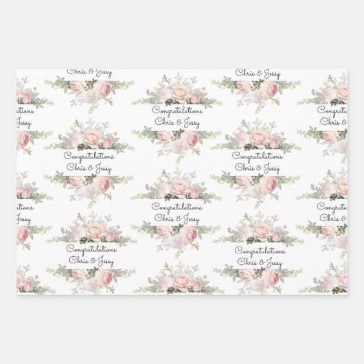 Hochzeitsnamenszusätze weich rosa Rosen 3 Geschenk Geschenkpapier Set (Vorderseite)