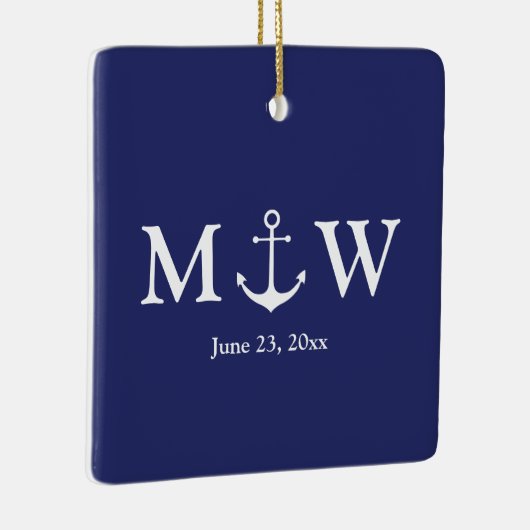 Hochzeitsnautische Ankernacht blau & weiß Monogram Keramikornament (Rechts)