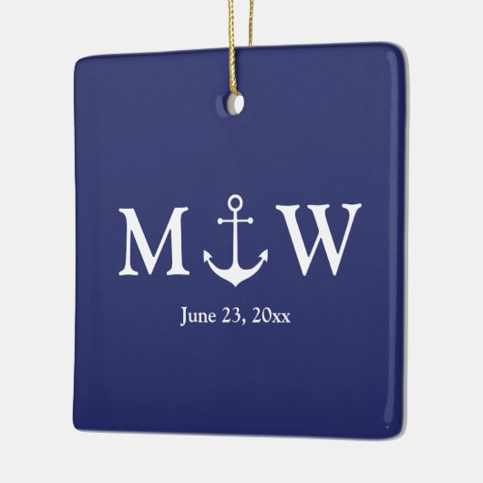 Hochzeitsnautische Ankernacht blau & weiß Monogram Keramikornament (Links)