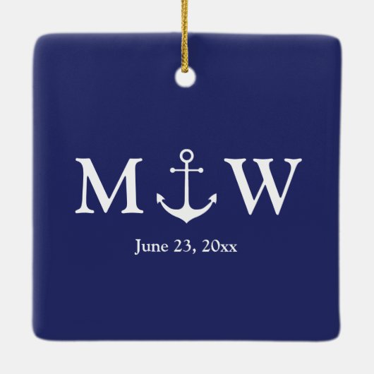 Hochzeitsnautische Ankernacht blau & weiß Monogram Keramikornament (Rückseite)