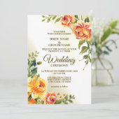Hochzeitsorange Gelbe Grüne Rote Blüte Moderne Einladung (Stehend Vorderseite)