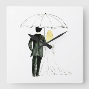 Hochzeitspaar Frisch verheiratet chic Aquarell Quadratische Wanduhr