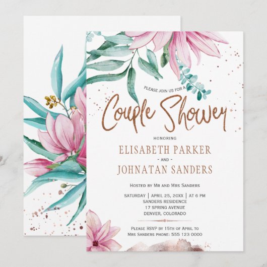 Hochzeitspaar Kupfer Glitzer Rosa Paare Dusche Einladung (Vorne/Hinten)
