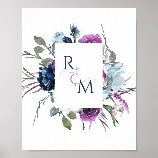 Hochzeitspaare Initials Lila und Blue Sign Poster (Vorne)