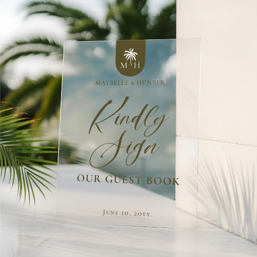Hochzeitspalmmonogramm Bitte unterschreiben Sie un Acrylschild